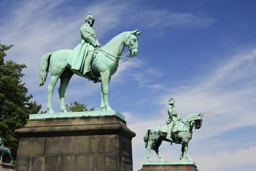 The equestrian statues of Wilhelm I and Frederick I Barbarossa in front of the Imperial Palace of Goslar,Lower Saxony,Germany