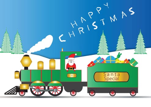 Santa Claus in a Green and Gold Steam Engine with Smoke wishing Happy Christmas