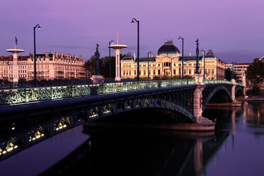 Bridge and University in Lyon by night in autumn