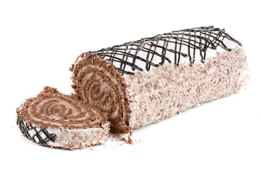Chocolate Swiss roll closeup isolated on a white background