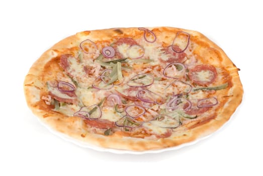 pizza closeup with smoked meat, salami, gherkin, onion and mozzarella cheese