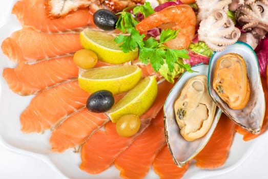 appetizer closeup of different seafood and vegetables