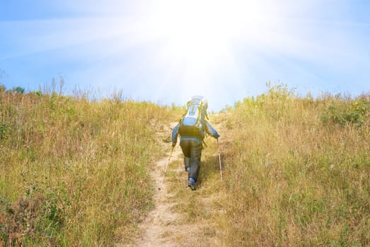 Hiker with rucksack up-hill at summer sunny day