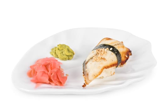 unagi sushi of eel with ginger, seaweed and sesame