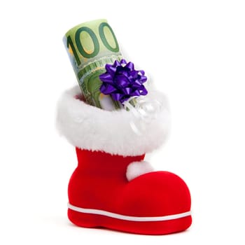 Euro in boot of Santa Claus white background