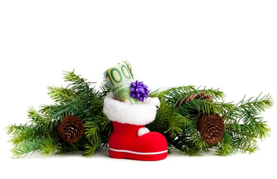 Euro in boot of Santa Claus white background