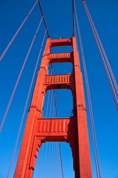 Bridge piers of the Golden Gate Bridge from below against blue sky