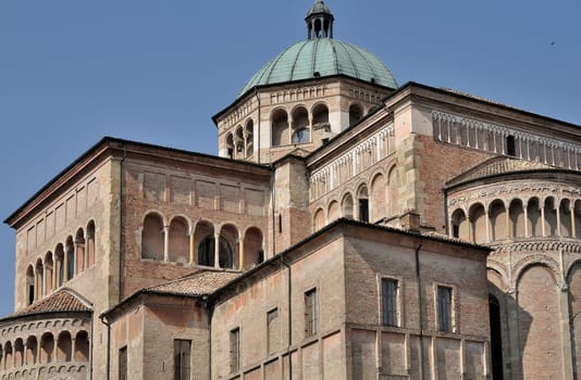 detail of  dome and loggia on romanesque church in parma city center