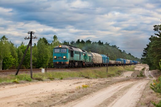 Freight train hauled by the diesel locomotive passing the forest
