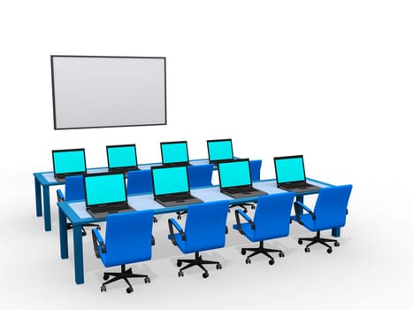 Modern classroom with computers, 3d render