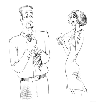 Body language: man improving the tie and woman playing with necklace