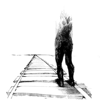 drawing illustration of man silhouette on the tracks