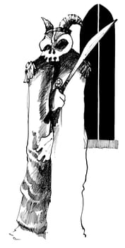 drawing illustration of phantom with skull and sword