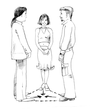 Body language: woman and two men talking