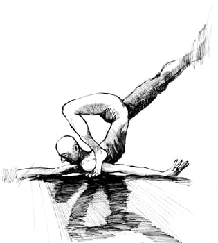 Black and white sketch illustration of acrobat