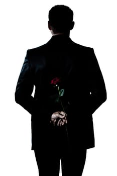 one caucasian backside man holding a rose flower portrait silhouette in studio isolated white background