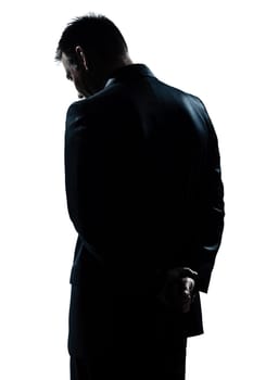one caucasian man portrait silhouette backside sad despair lonely in studio isolated white background