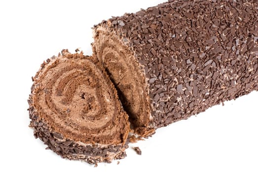 Chocolate Swiss roll closeup isolated on a white background