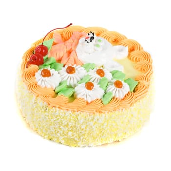 cream cake closeup with cherry on a grey