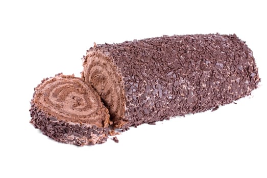 Chocolate Swiss roll closeup isolated on a white background