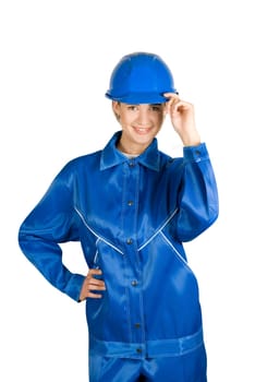 Builder pretty girl at helmet on a white background