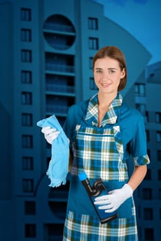 girl cleaner at uniform on a office background