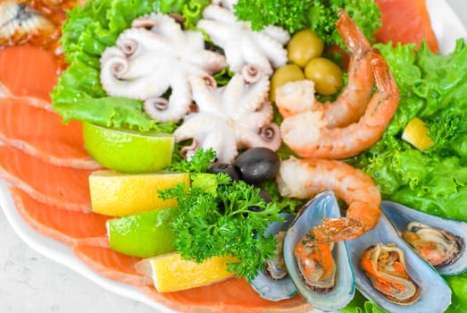 appetizer closeup of different seafood and vegetables