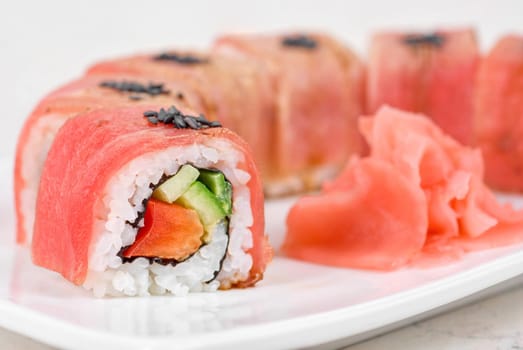Fuji Sushi rolls made of tuna, pepper, avocado, cucumber