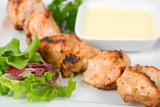 Grilled chicken kebab with sauce and greens on white plate