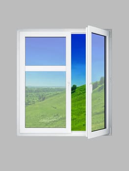 Open window at grey wall and the summer landscape