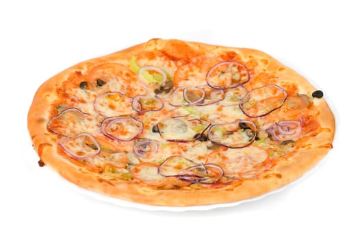 vegetable pizza closeup with tomato, Bulgarian pepper, onion, olive, champignons and mozzarella cheese