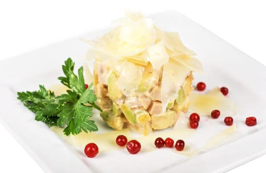 spicy salad of chicken filet, pineapple, avocado and cheese