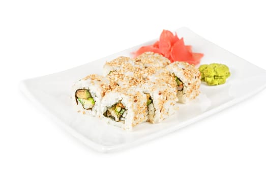 Sushi rolls at plate isolated on a white