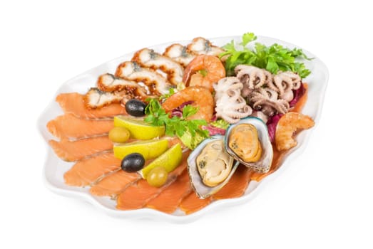 appetizer closeup of different seafood and vegetables