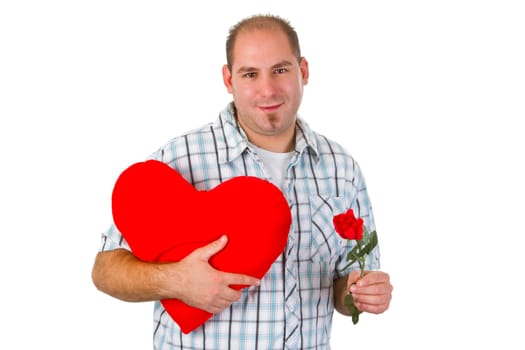Young man with cloth heart and rose isolated on white background