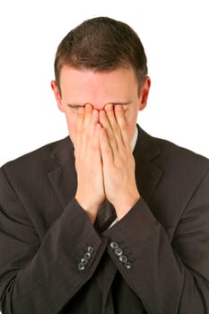 Man holding hands over his face - isolated on white background