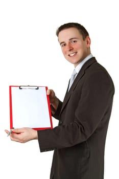 Businessman with clipboard isolated on white background