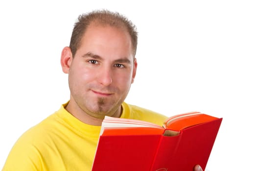 Young man with book isolated on white background