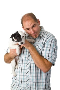 Young man with Pasron Jack Russel isolated on white background