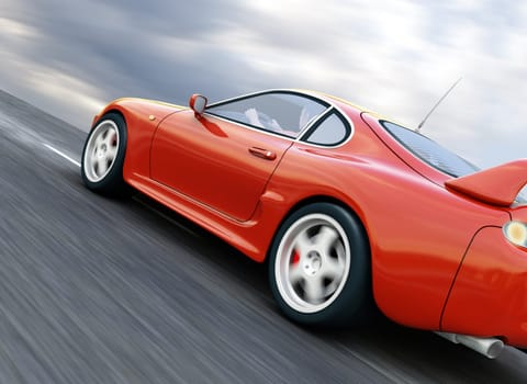 A Red Sports Car Speeding on Blurry Asphalt Road. 3D Render