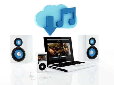 Group of electronics devices connected to music cloud server - 3D render