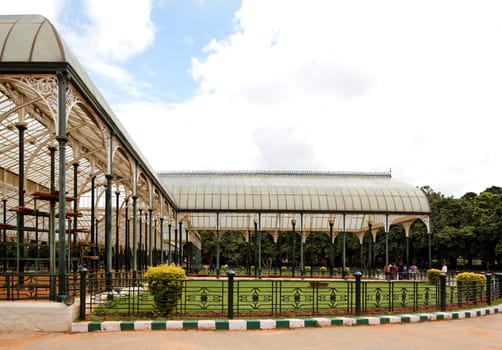 landscape horizontal of the glass house open air pavilion at the Botanical Gardens in Bangalore India termed the Garden City crop margins copy area empty spaces