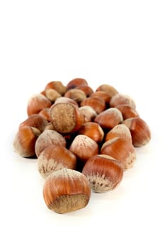 a handful of hazelnuts against a white background