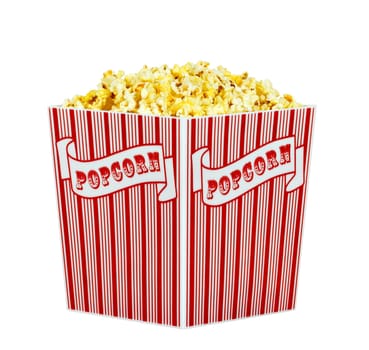 A container of popped popcorn isolated on a white background