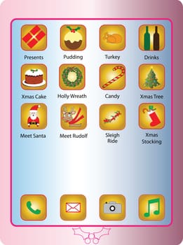 A Pink Touch Screen Phone with Christmas themed Application Icons suitable for gift wrap or Christmas Card