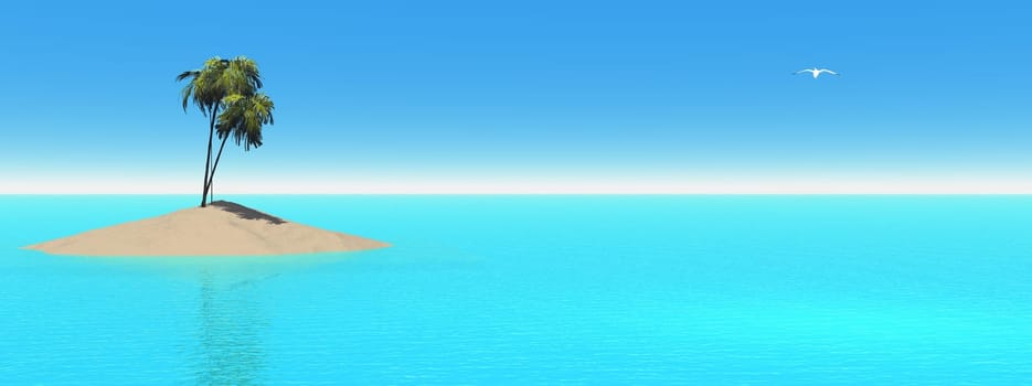 Palm trees in a sand island in the middle of the green ocean and little seagull flying