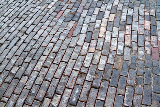 The dirty texture of a brick patterned sidewalk