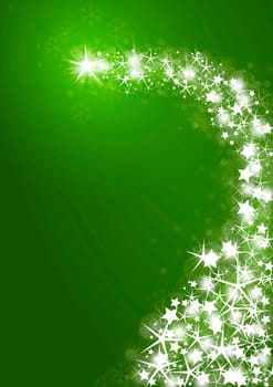 Christmas background with bright stars on green