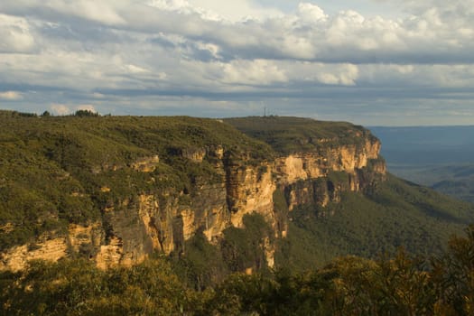 A view of Megalong valley in the Blue Mountains, Australia. The view is taken near Wentworth falls