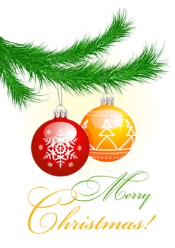 Christmas tree branch and balls on white background. Vector illustration
